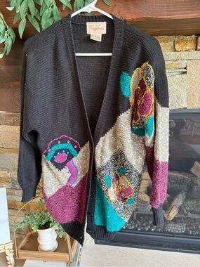 VINTAGE Jaclyn Smith Black‎ and Purple Floral Beaded Cardigan Women's Medium